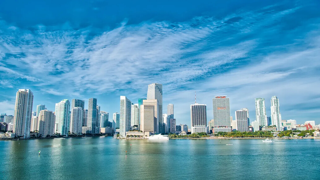 Shoreline of Biscayne Bay in downtown Miami, Florida as seen from the water
